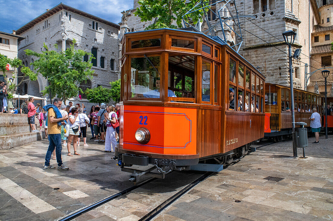 Soller village center. Vintage tram at the Soller village. The tram operates a 5kms service from the railway station in the Soller village to the Puerto de Soller, Soller Majorca, Balearic Islands, Spain, Mediterranean, Europe.