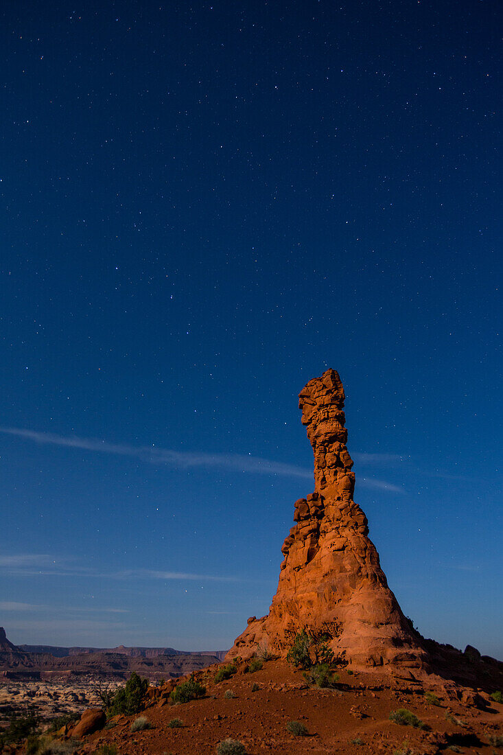 The BIg Dipper beside moonlit Chimney Rock in the Maze District of Canyonlands National Park in Utah.