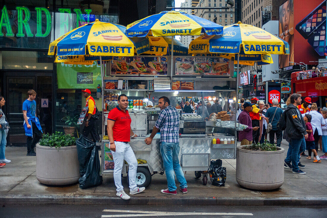 Hot dog stand at Times Square, Manhattan, New York City, New York State, USA