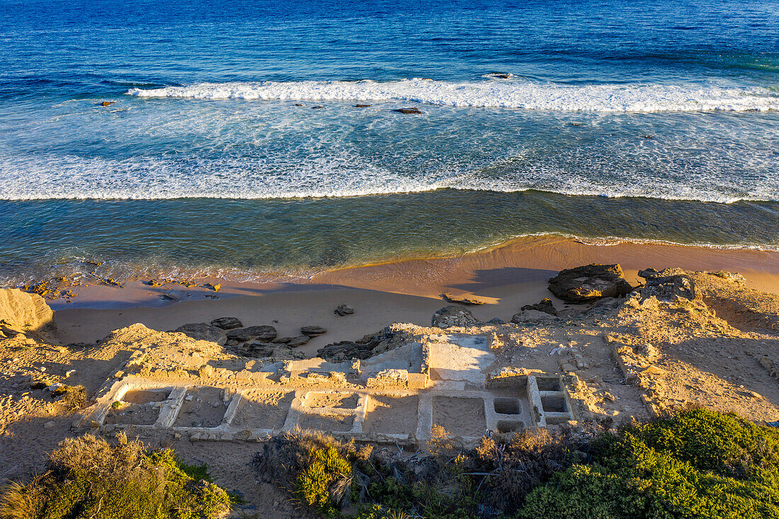 Roman ruins site in Caños de Meca Cape Trafalgar lighthouse, Barbate, Cadiz province, Region of Andalusia, Spain, Europe.