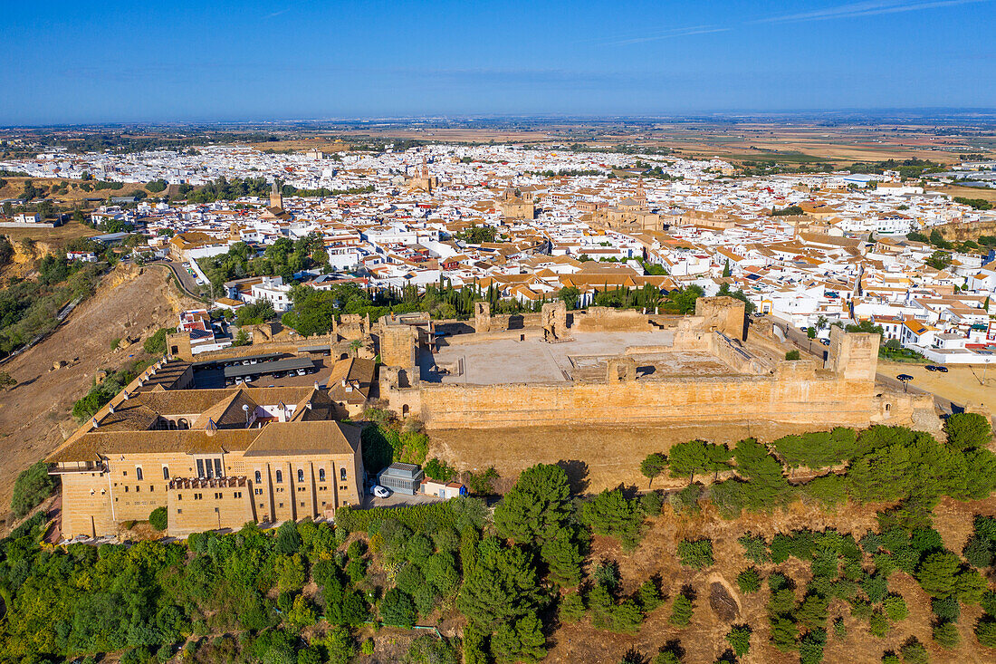 Aerial view of Alcazar del Rey Don Perdro in the old town of Carmona Seville Andalusia South of Spain.