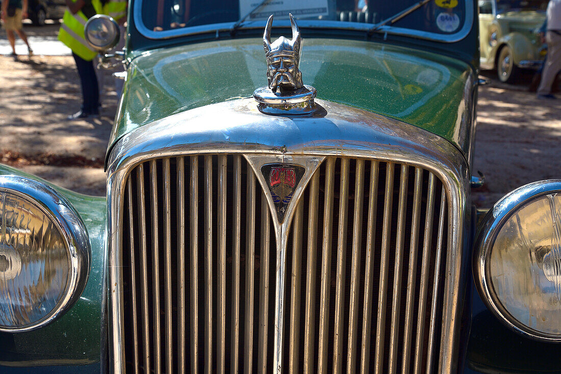 The front of a classical Rover in a car festival in San Lorenzo de El Escorial, Madrid.