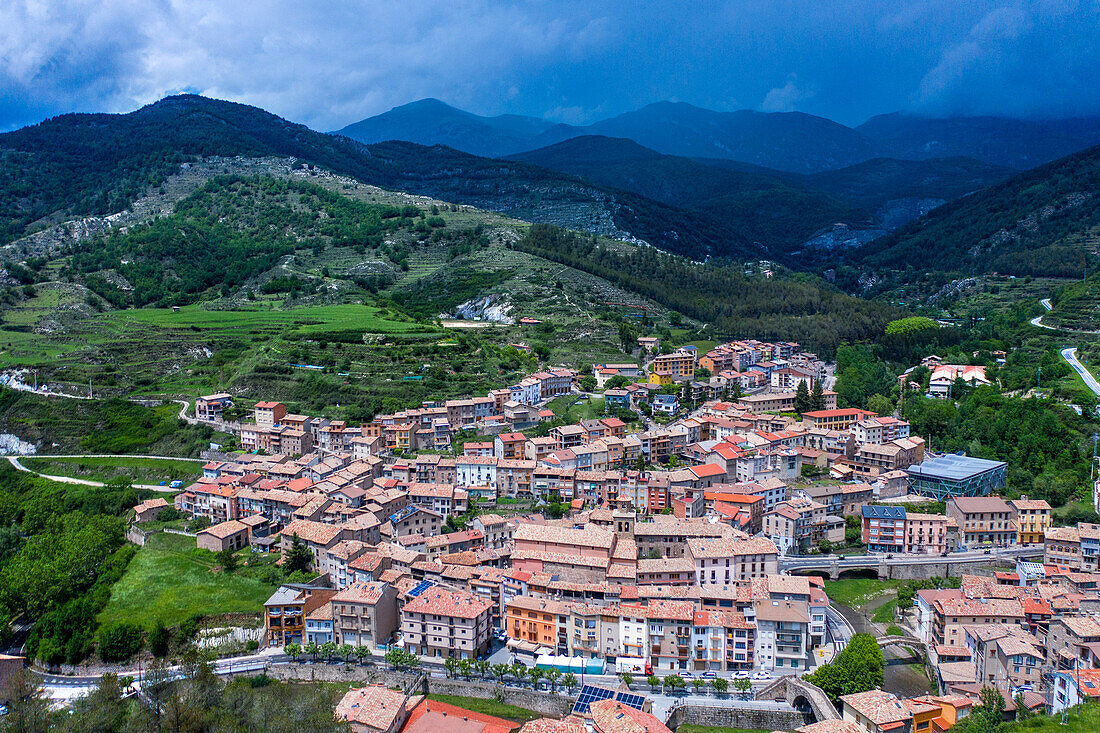 Aerial view of La Pobla de Lillet village on a summer day in Berguedà, Barcelona province, Catalonia, Spain