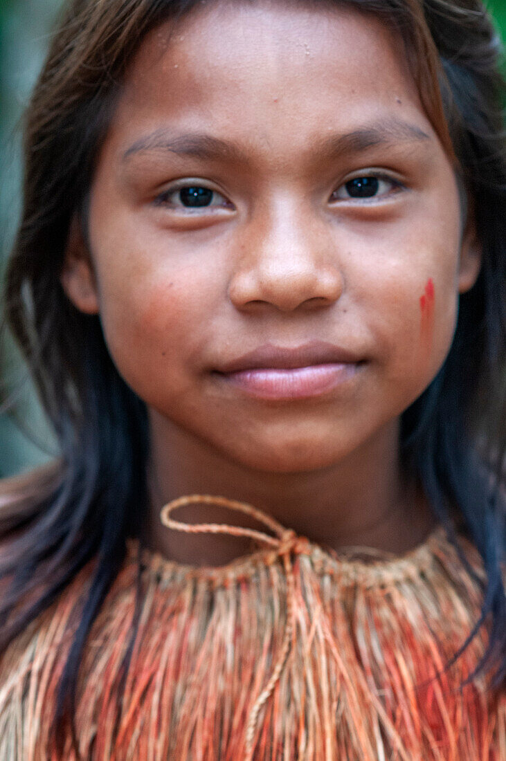 Portrait Yagua girls Indians living a traditional life near the Amazonian city of Iquitos, Peru.