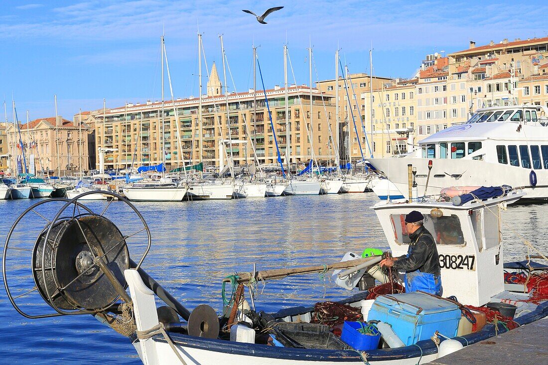 France, Bouches du Rhone, Marseille, Vieux Port, Pointu (traditional fishing boats) back from fishing