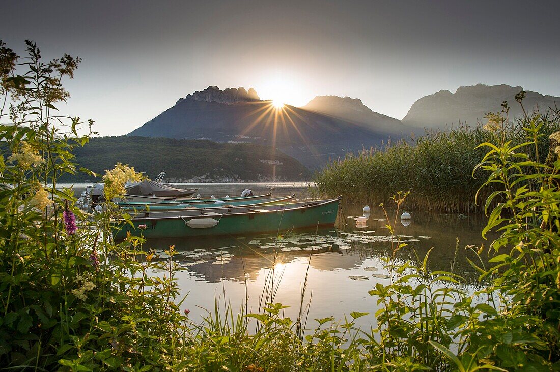 Frankreich, Haute Savoie, der See von Annecy, ein kleiner Fischerhafen, Saint Jorioz und das Grenzgebirgsmassiv