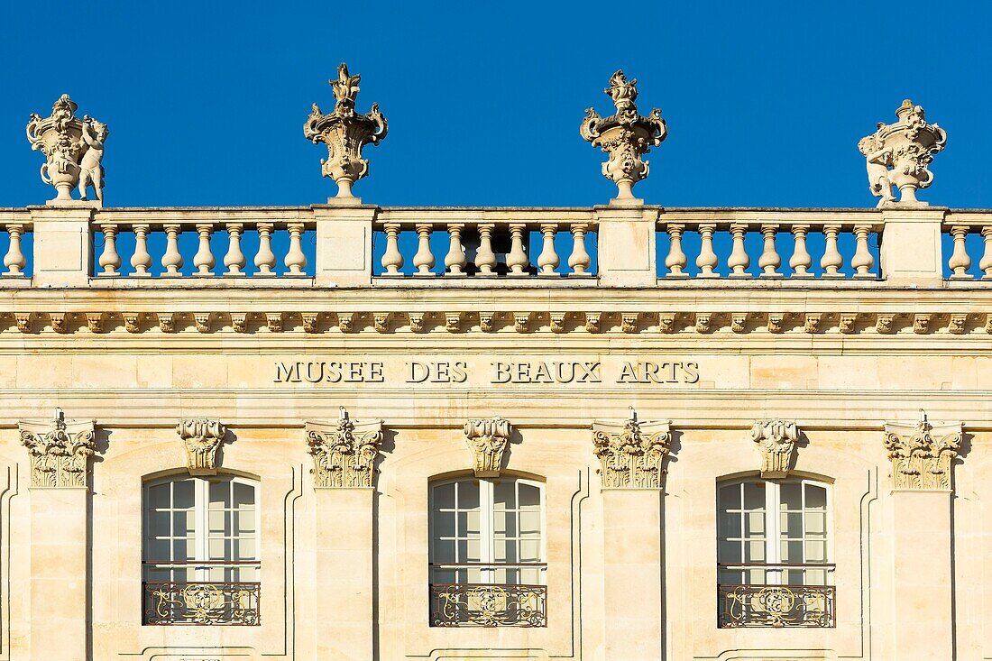 France, Meurthe et Moselle, Nancy, Stanislas square (former royal square) built by Stanislas Leszczynski, king of Poland and last duke of Lorraine in the 18th century, listed as World Heritage by UNESCO, detail of the facade of the Musee des Beaux Arts (Fine arts museum)