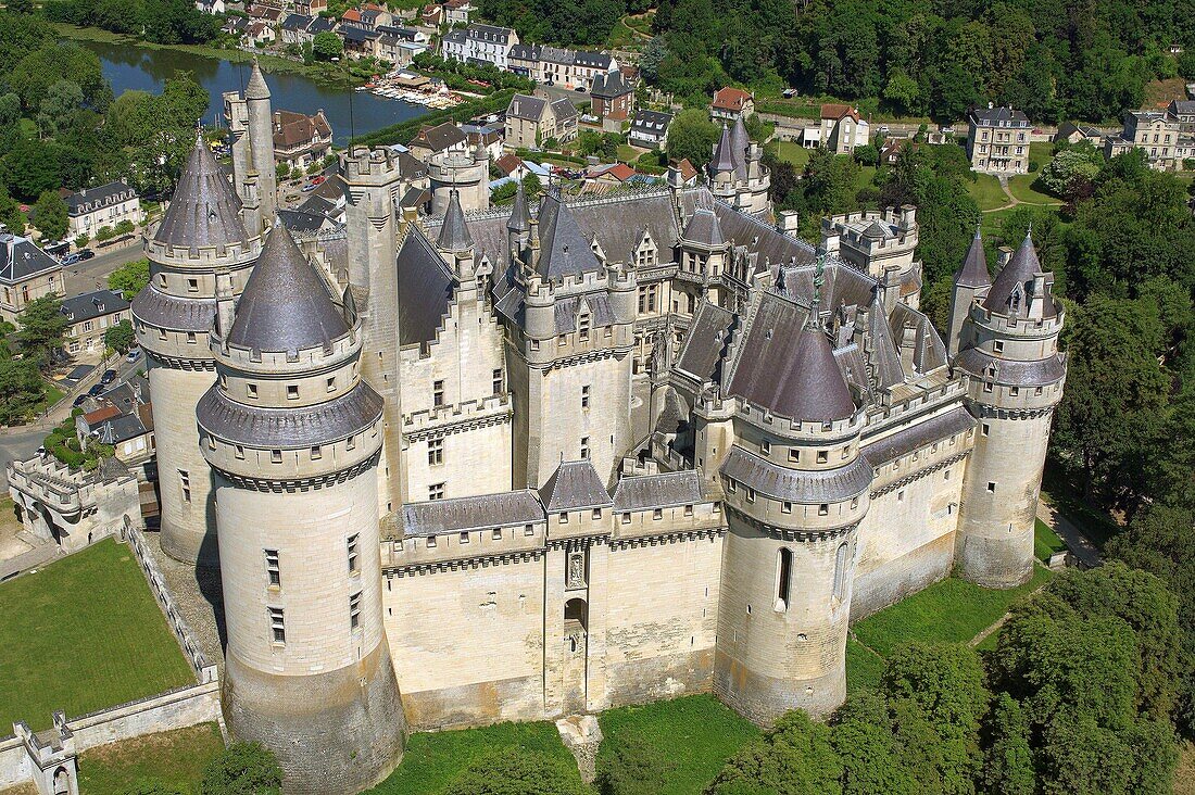 France, Oise, Pierrefonds, castle of Pierrefonds, renovated by Viollet le Duc (aerial view)