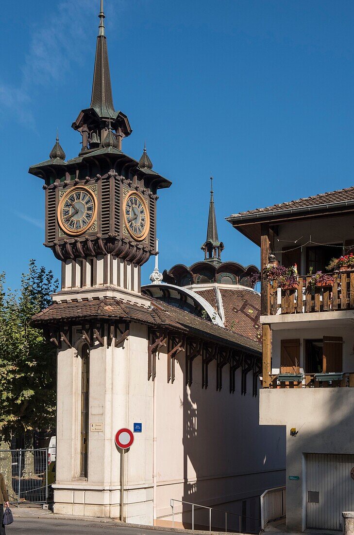 France, Haute Savoie, Evian les Bains, the clock tower on the building of the source Cachat