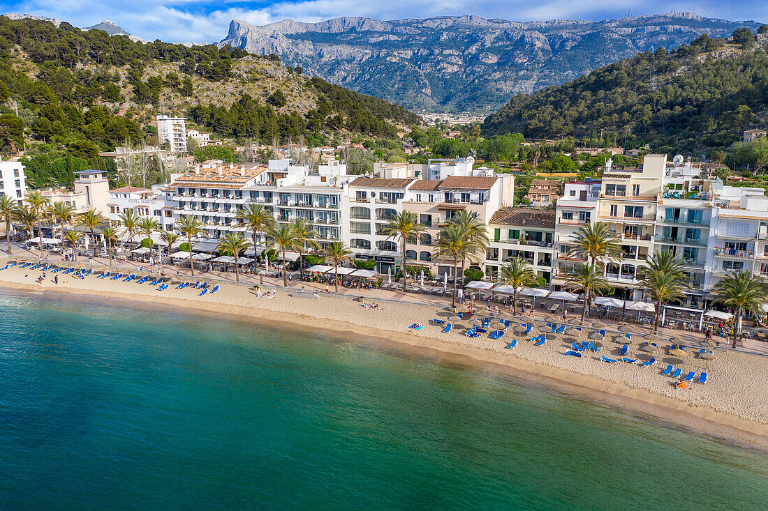 Aerial view of Platja de Port de soller beach, Port de Soller, Mallorca, Balearic islands, Spain