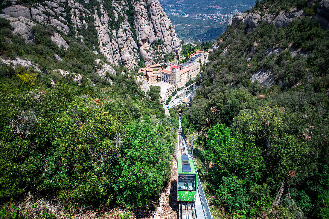 Funicular de Sant Joan cable car railway on the benedictine abbey of Santa Maria de Montserrat mountain, Monistrol de Montserrat, Barcelona, Catalonia, Spain