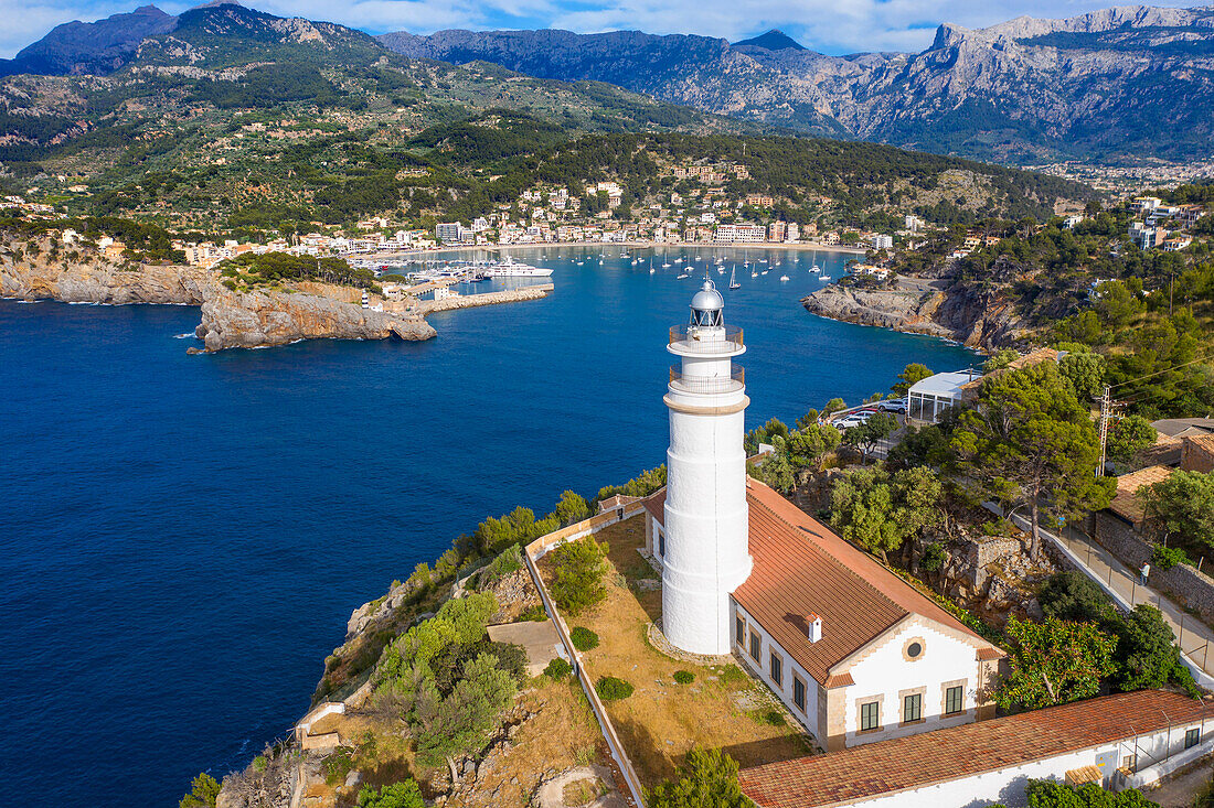 Aerial view of Faro del Cap Gros Lighthouse, Port de Soller, Mallorca, Balearic Islands, Spain, Europe.