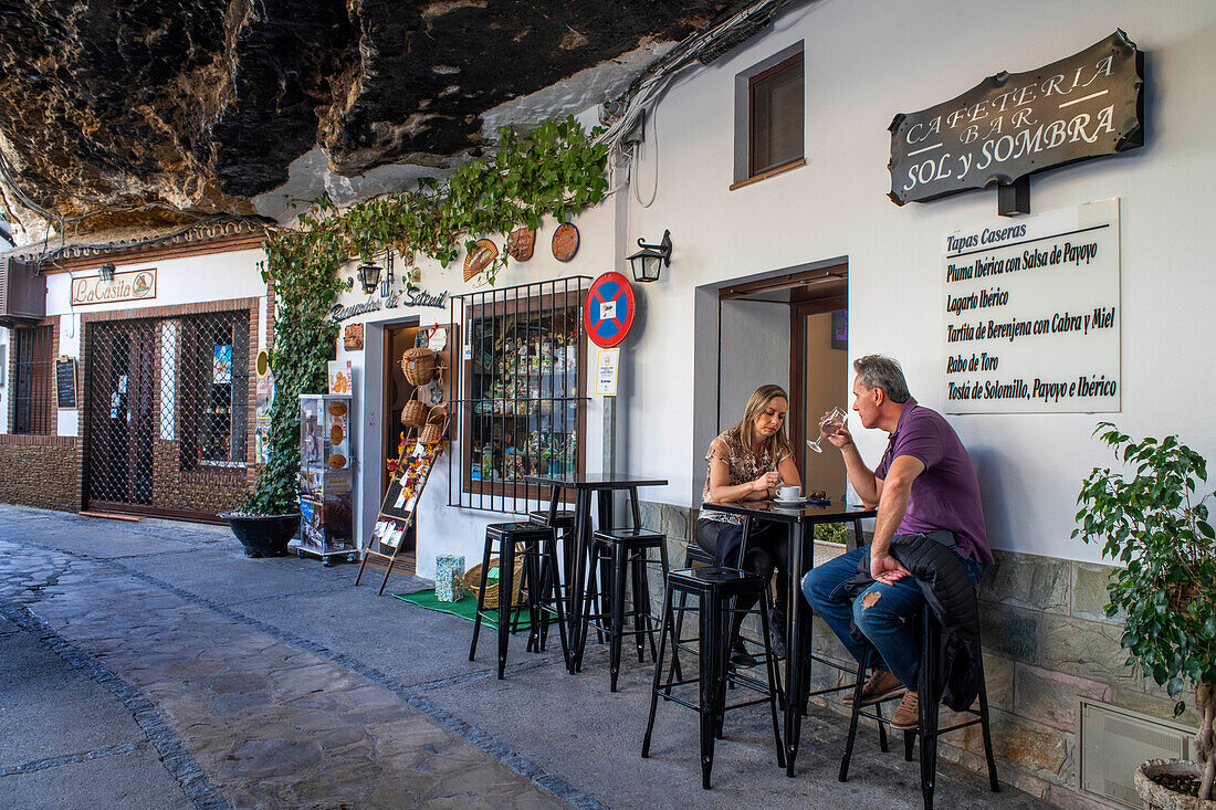 Bars and restaurants in La Cuevas de la sombra street, it is one of the most typical streets of Setenil de las Bodegas