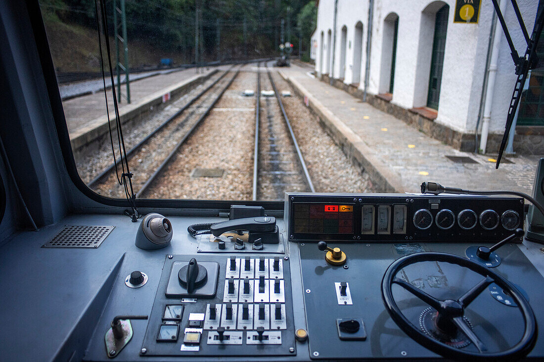 Cogwheel railway Cremallera de Núria train in the Vall de Núria valley, Pyrenees, northern Catalonia, Spain, Europe