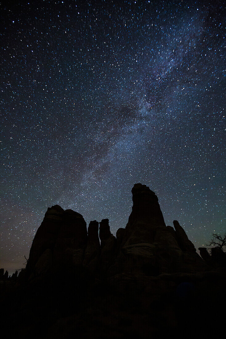 Die Milchstraße über Sandsteintürmen im Needles District des Canyonlands National Park in Utah