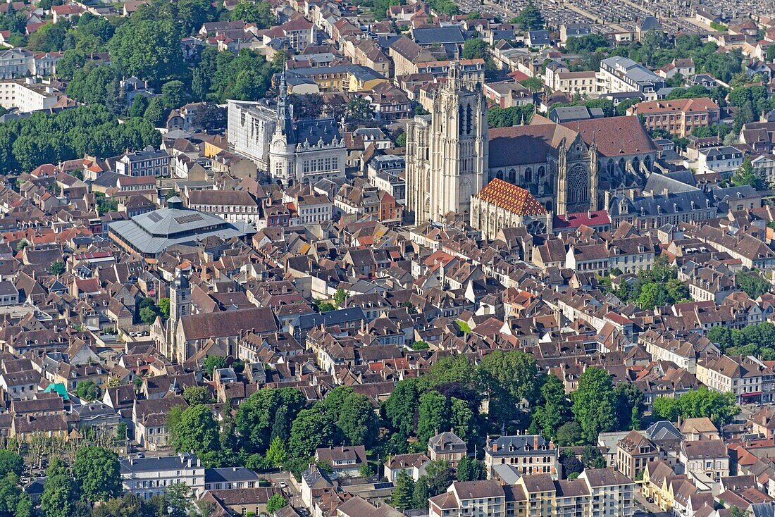 France, Yonne, city of Sens, The city hall and the cathedral Saint Etienne (aerial view)