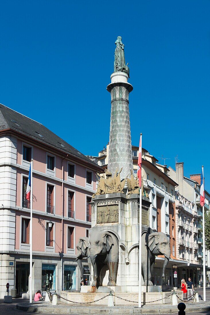 France, Savoie, Chambery, the monument of the elephant fountain called four sans butts and the column of the statue of the Count of Boigne Savoieard sculptor Pierre Victor Sappey