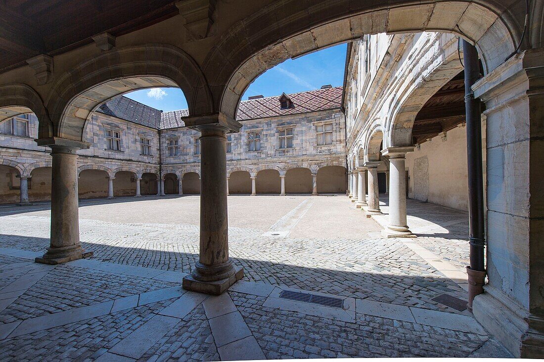 France, Doubs, Besancon, the arcades of the interior courtyard of the museum of time, former palace Granvelle