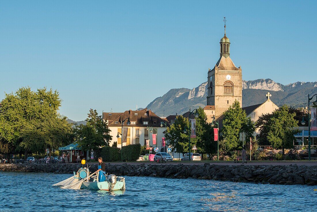 France, Haute Savoie, Evian les Bains, a professional fisherman in a boat, takes the nets of feras close to the shore of Lake Leman, the church and the rocks of the Memises