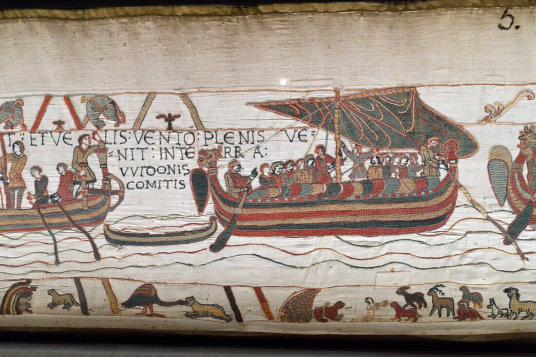 France, Calvados, Bayeux, Tapestry Museum, Bayeux Tapestry, listed as World Heritage by UNESCO, Queen Mathilde Tapestry telling the story of England's invasion by William the Conqueror, Harold, Earl English, the sails filled by wind, reached the lands of Count Guy , the scenes of the Bayeux Tapestry are embroidered with woollen threads on a linen canvas