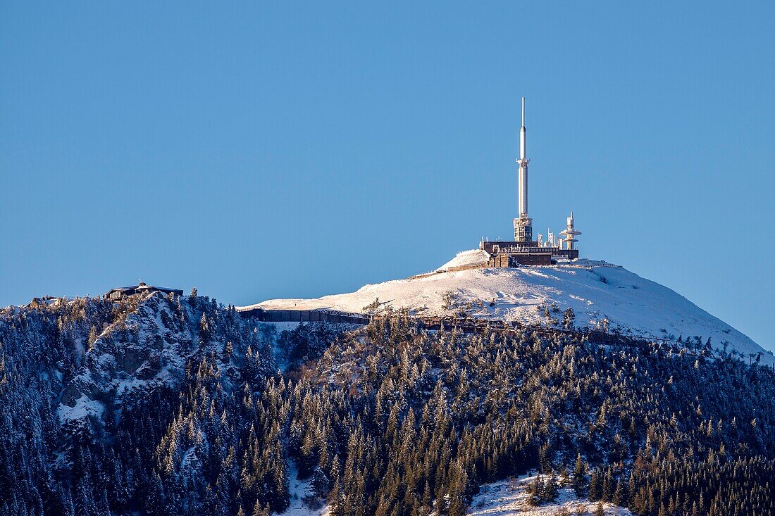 France, Puy de Dome, listed as World Heritage by UNESCO, Regional Natural Park of the Auvergne Volcanoes, Saint Genes Champanelle, communication relay at the summit of Puy de Dome (1465m)