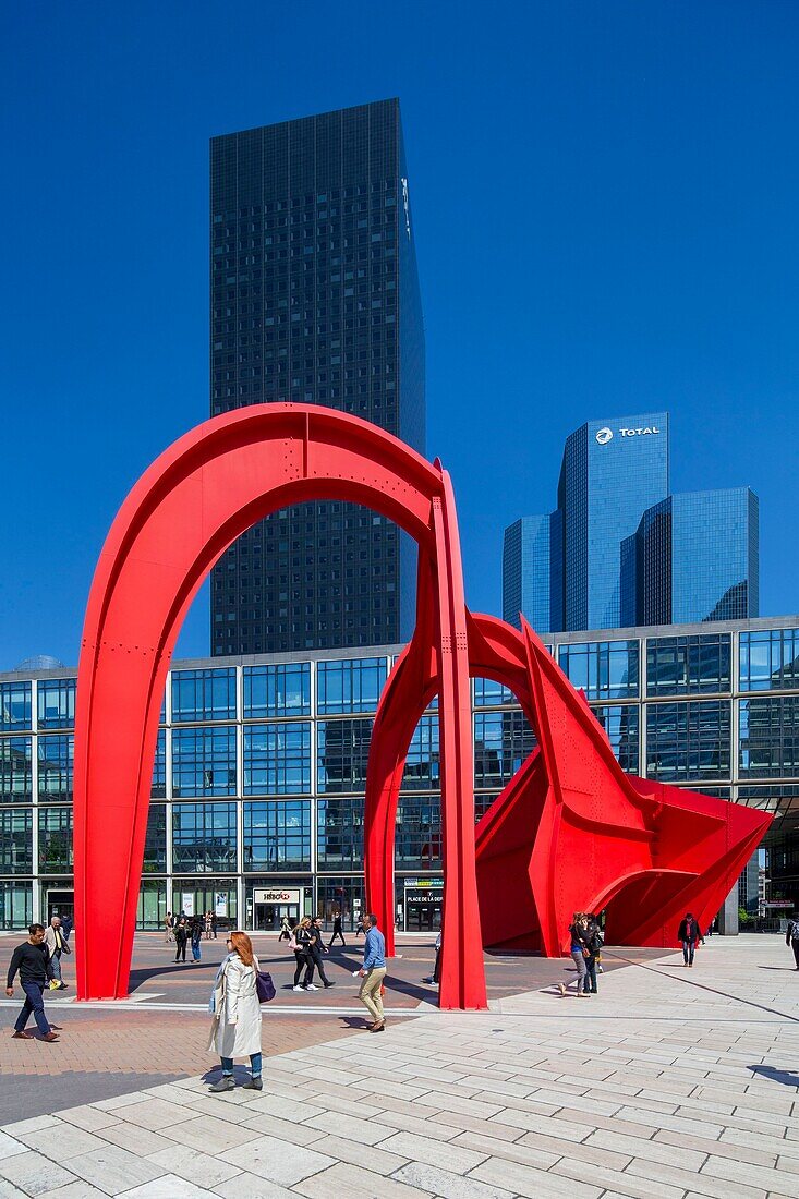 France, Hauts de Seine, La Defense, Red Spider sculpture by Alexander Calder on the forecourt of La Defense