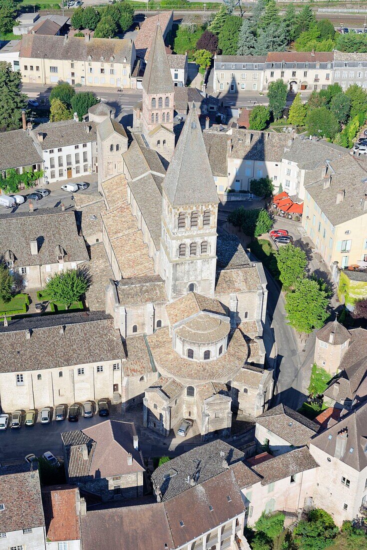 France, Saone et Loire, Tournus, Saone river banks and the old abbey in the background (aerial view)