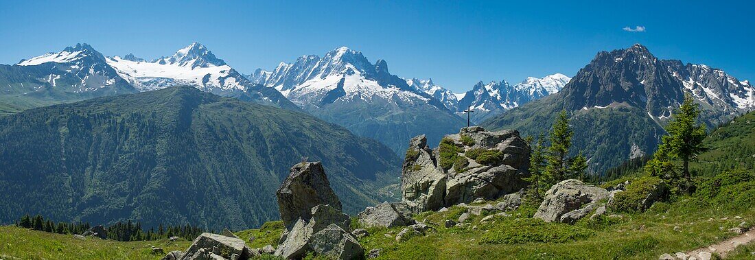 France, Haute Savoie, Chamonix Vallorcine, Aiguilles Rouges massif, mountain bike ride to the Loriaz refuge, panoramic vew at the Loriaz cross and Mont Blanc Massif