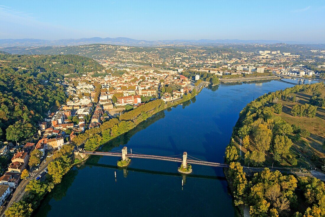 France, Rhone, Givors, Suspended Hunting Bridge on the Rhone (aerial view)