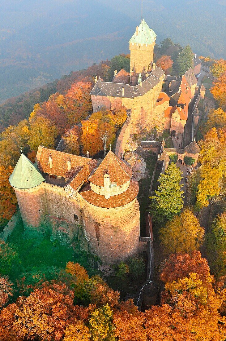 France, Bas Rhin, Orschwiller, Alsace Wine Road, Haut Koenigsbourg Castle (aerial view)