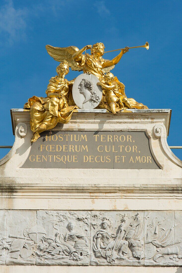 France, Meurthe et Moselle, Nancy, Stanislas square (former royal square) built by Stanislas Leszczynski, king of Poland and last duke of Lorraine in the 18th century, listed as World Heritage by UNESCO, detail of sculptures on top of the arch the Groupe de la Renommee