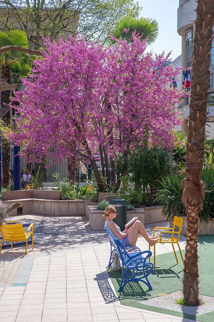 France, Hauts de Seine, Puteaux, Jardin du Sud, morrocan garden in spring