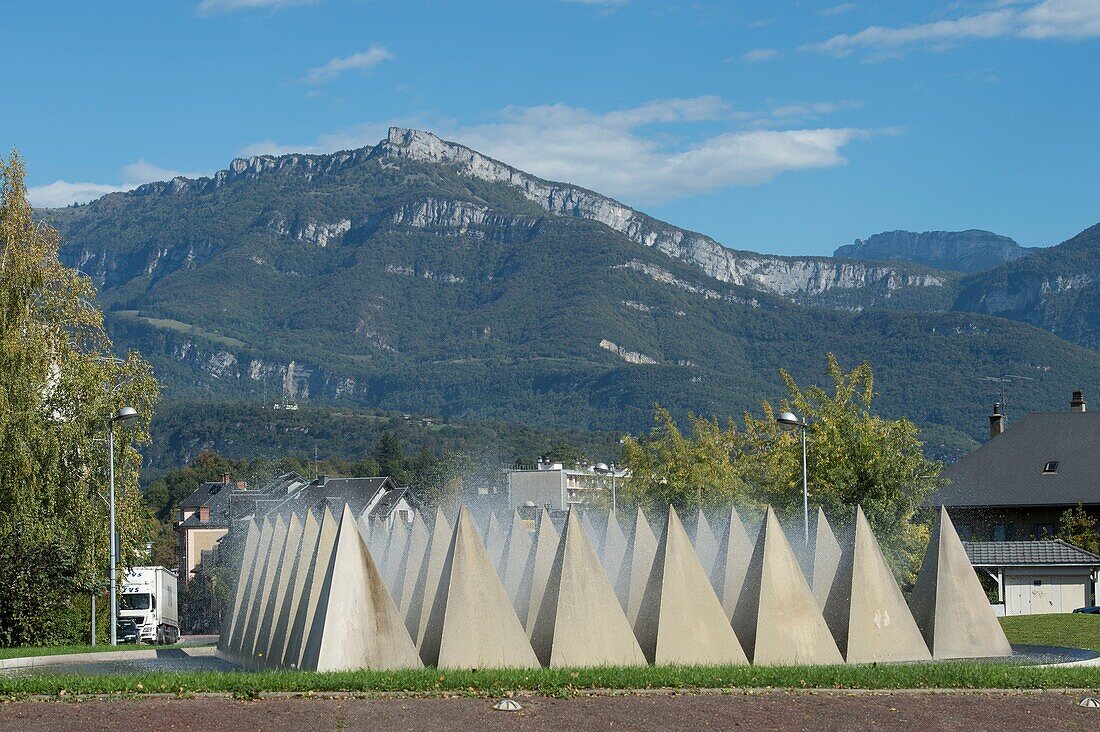 France, Savoie, Chambery, Cognin, the Pyramids fountain and the Bauges massif