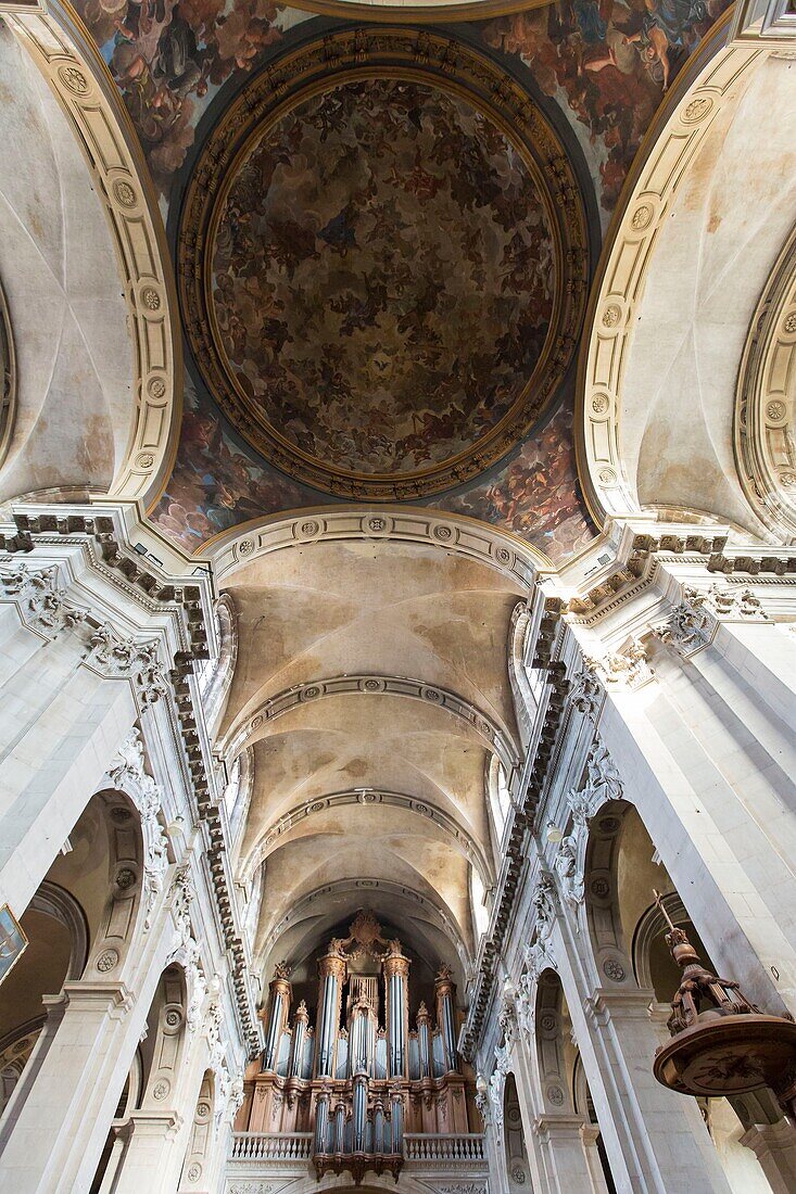 France, Meurthe et Moselle, Nancy, Saint Sebastien square, 16th century Saint Sebastien church by architect Jean Nicolas Jennesson, ceiling of the nave and the organ