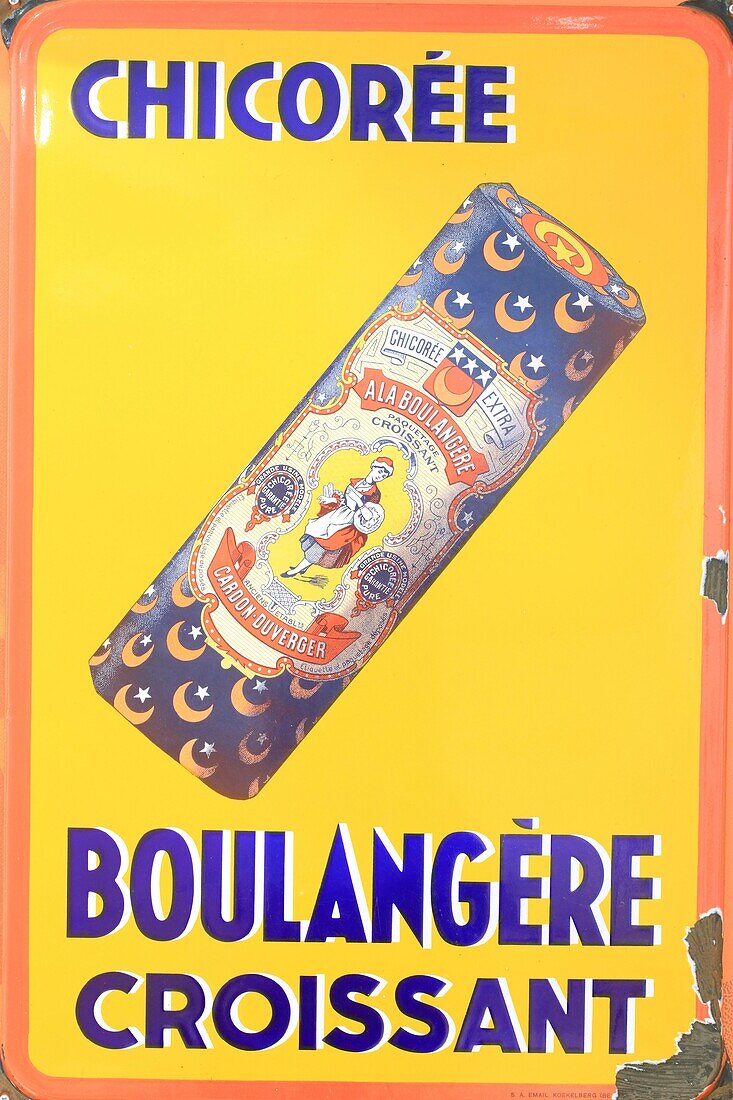 Frankreich, Nord, Orchies, Chicorée-Museum Leroux, emaillierter Teller für Chicorée Boulangere Croissant