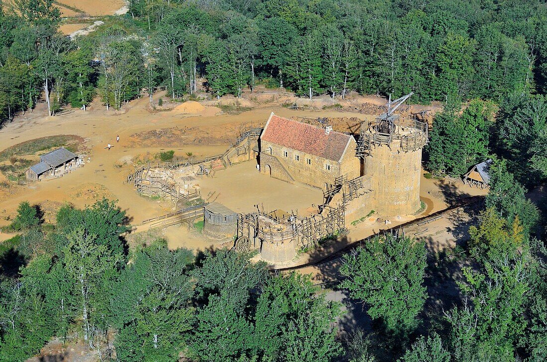 France, Yonne, Treigny, castle of Guedelon, medieval construction work (aerial view)