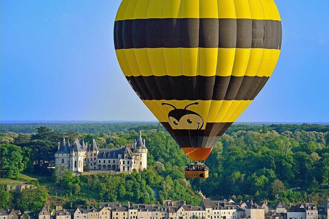 France, Loir et Cher, classified Loire valley UNESCO world heritage, castle of Chaumont sur Loire and a hot air balloon (aerial view)