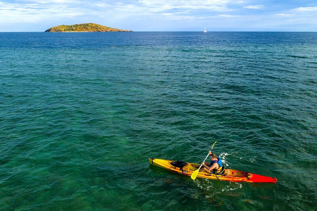 France, Mayotte island (French overseas department), Grande Terre, Nyambadao, kayaking next to Sakouli beach and Bandrele island in the background (aerial view)