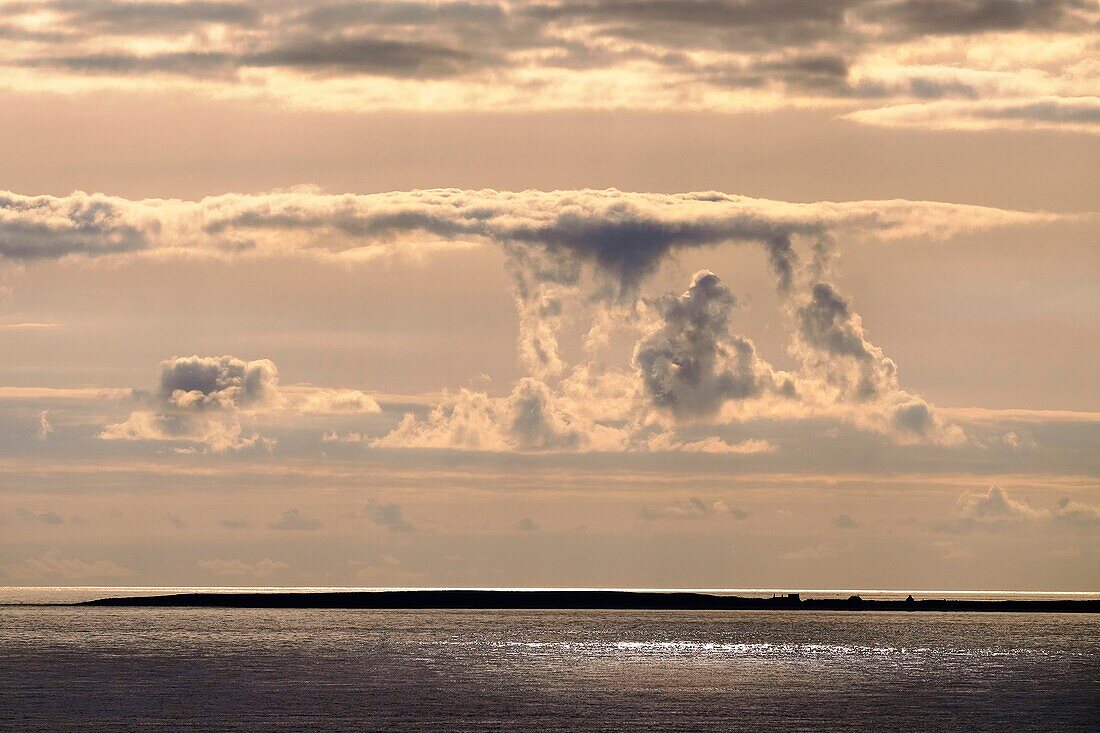 France, Finistere, Plougonvelin, Pointe de Saint Mathieu, Starting point of the Way to Santiago de Compostela, Cloud shaped mushroom at sunset