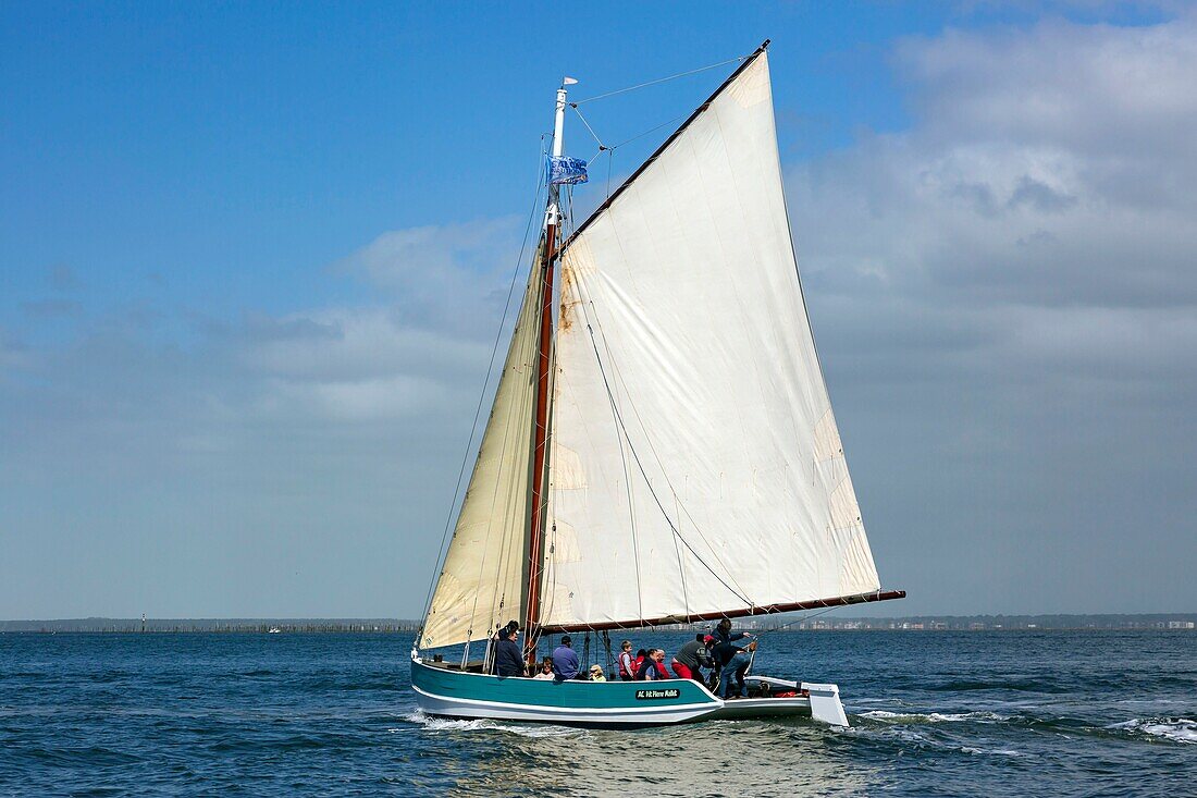 Frankreich, Gironde, Bassin d'Arcachon, Segelboot Le Président Pierre Mallet, eine Nachbildung der zu Beginn des 20. Jahrhunderts auf dem Bassin verwendeten Strömungsmaschinen (Luftaufnahme)