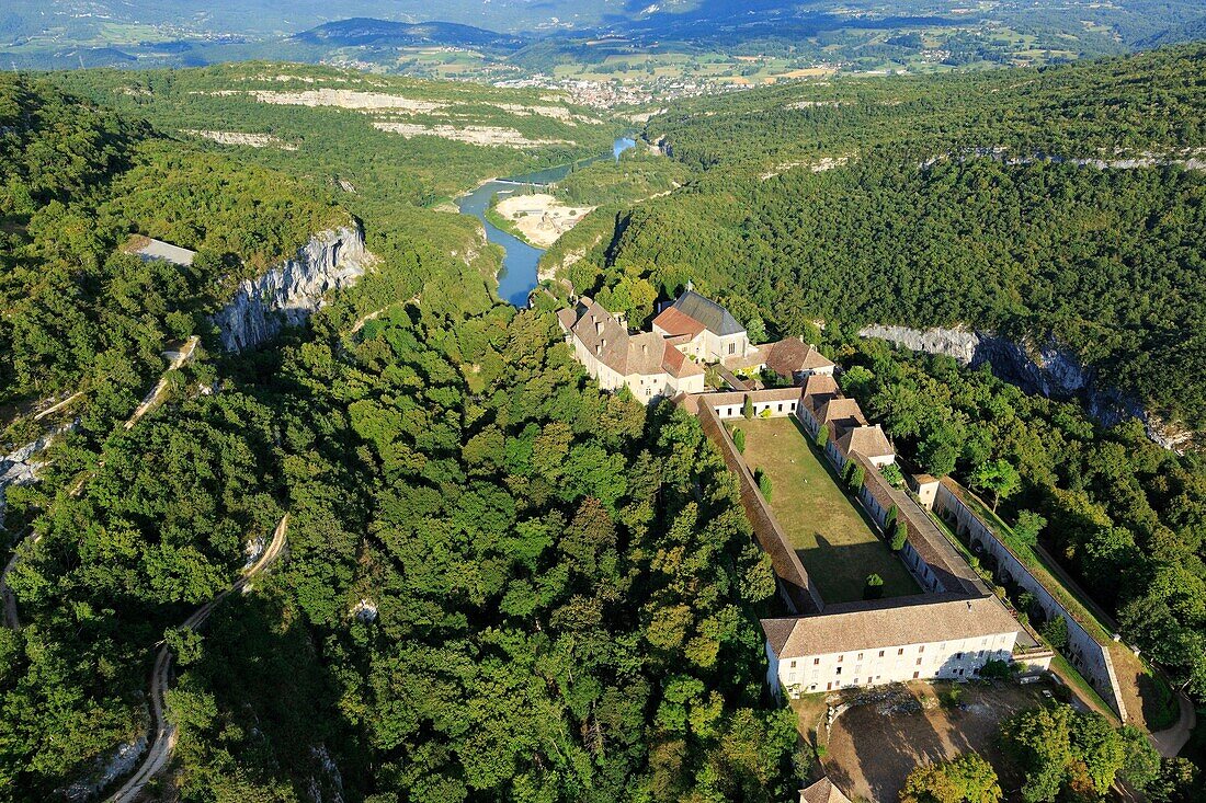 Frankreich, Ain, Virignin, Chartreuse Festung von Pierre Chatel XII, Die Rhone (Luftaufnahme)