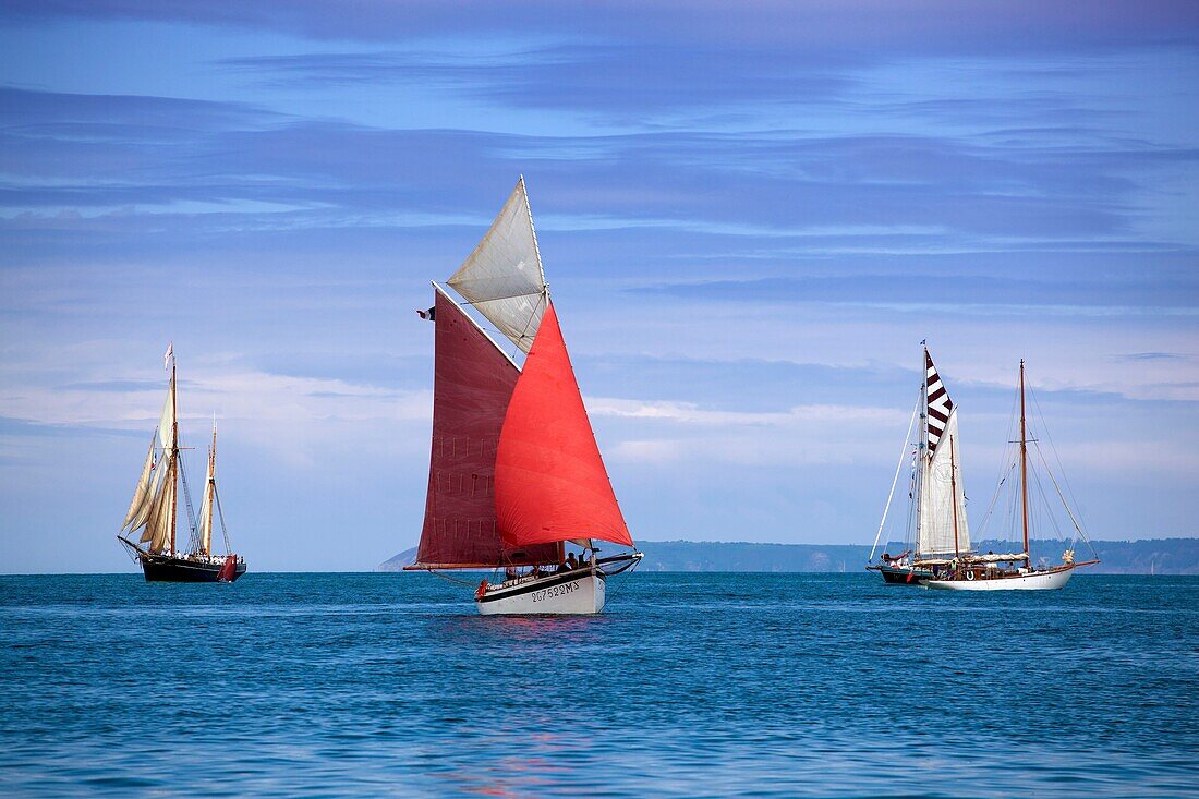 Frankreich, Finistere, Douarnenez, Festival Maritime Temps Fête, Treas, traditionelles Segelboot im Hafen von Rosmeur