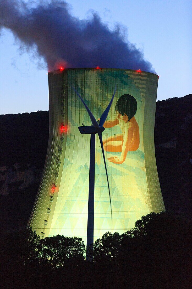 France, Ardeche, Cruas, EDF wind turbine in front of the Cruas Meysse nuclear power plant