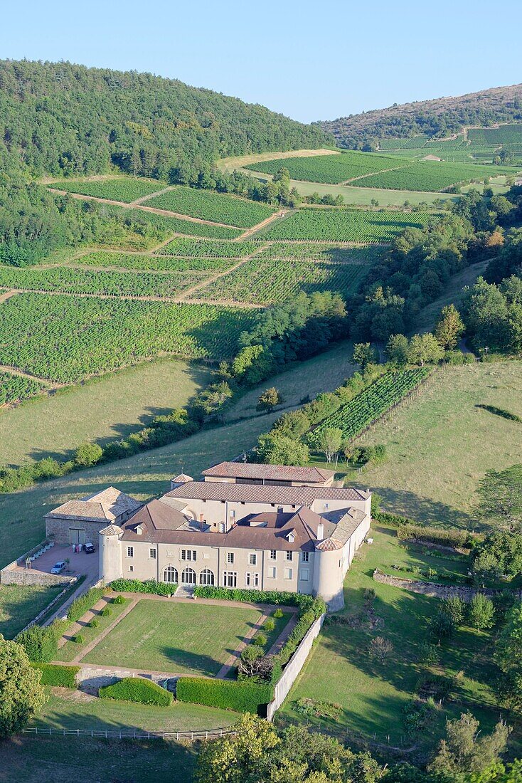 Frankreich, Saone et Loire, Pierreclos, Ferienhäuser (Luftaufnahme)