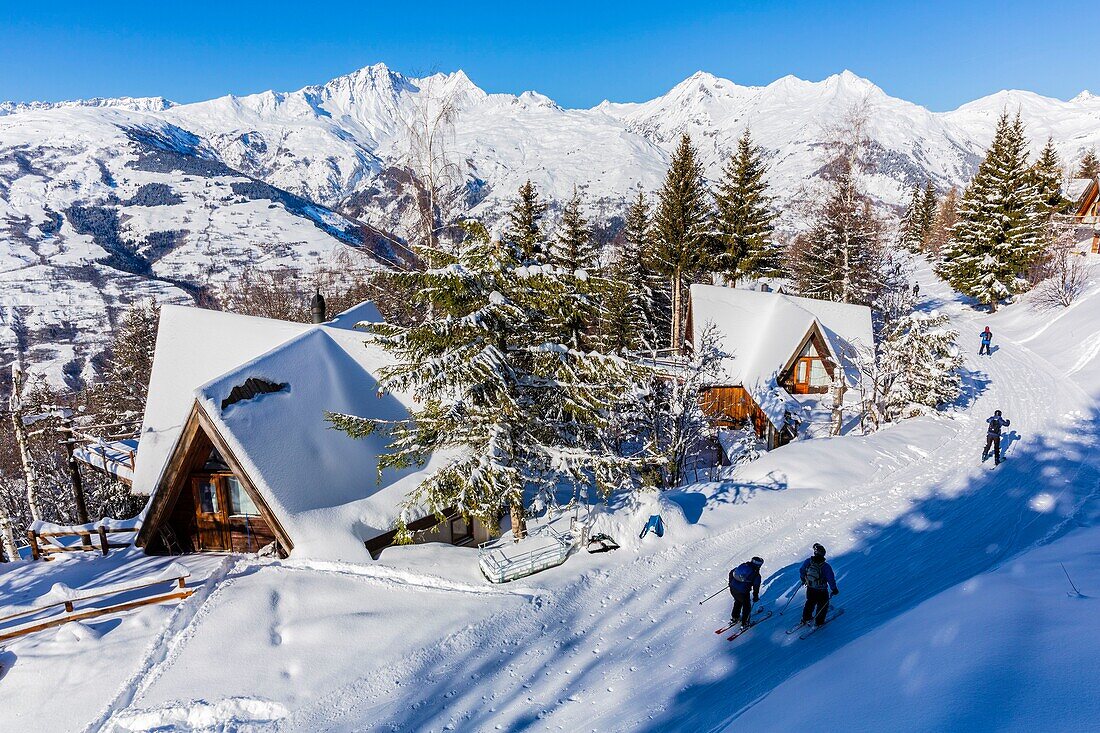 France, Savoie, Vanoise massif, valley of Haute Tarentaise, Les Arcs 1600, part of the Paradiski area, view of the Beaufortain massif