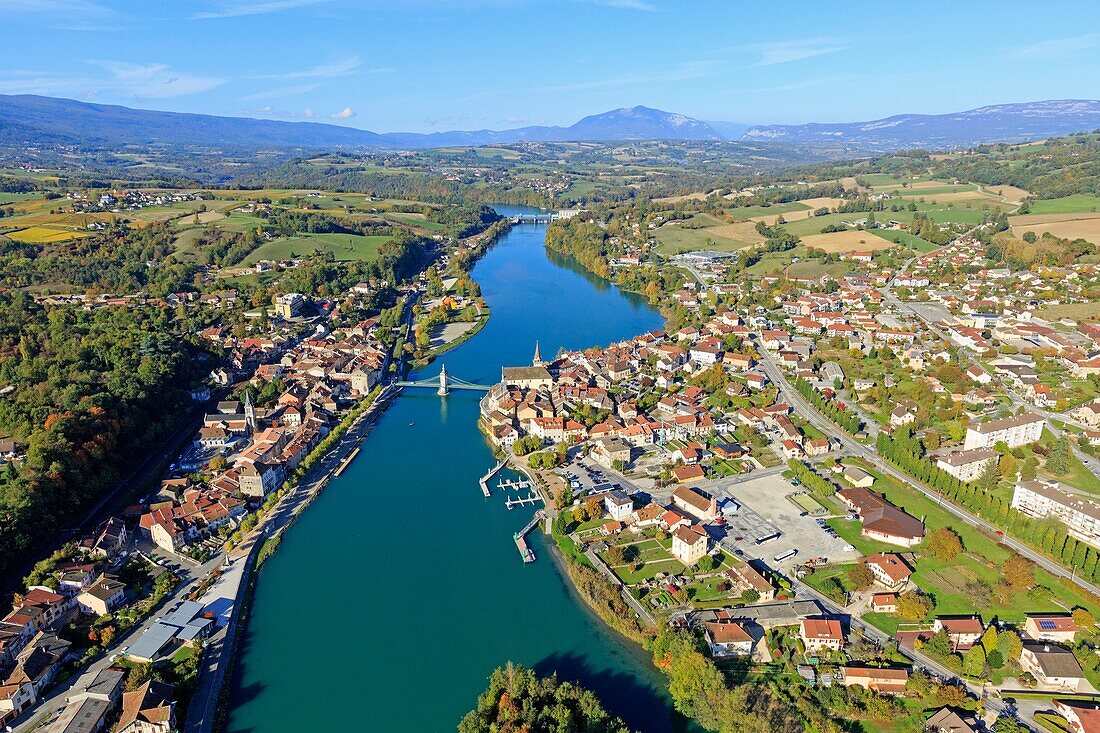France, Haute Savoie, Ain, Seyssel, bridge over the Rhone (aerial view)