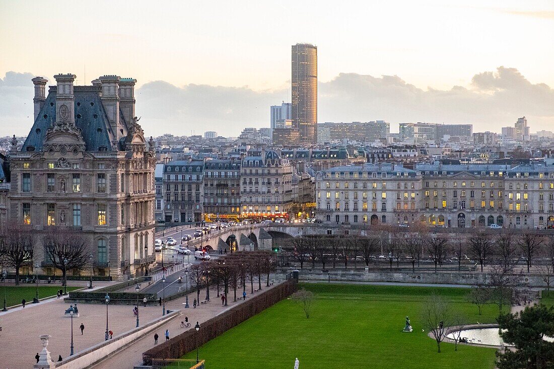 France, Paris, Tuileries Garden, a wing of the Louvre and the Montparnasse Tower