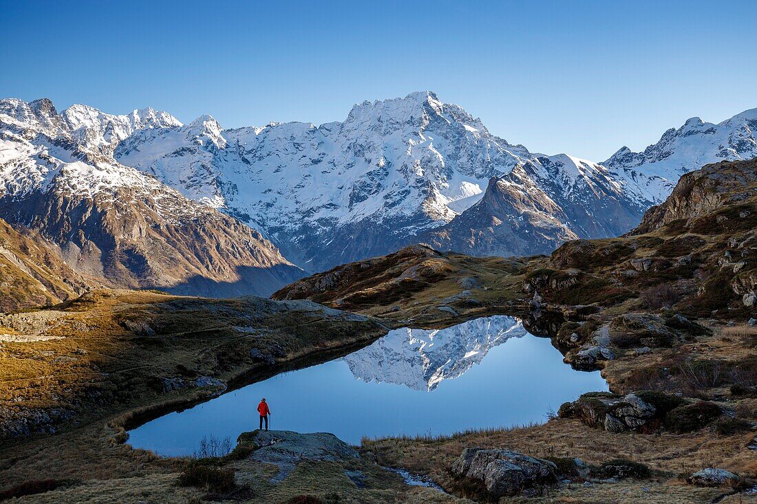 France, Hautes Alpes, national park of Ecrins, valley of Valgaudemar, La Chapelle en Valgaudémar, reflection of Sirac (3441m) on the lake of Lauzon (2008m)