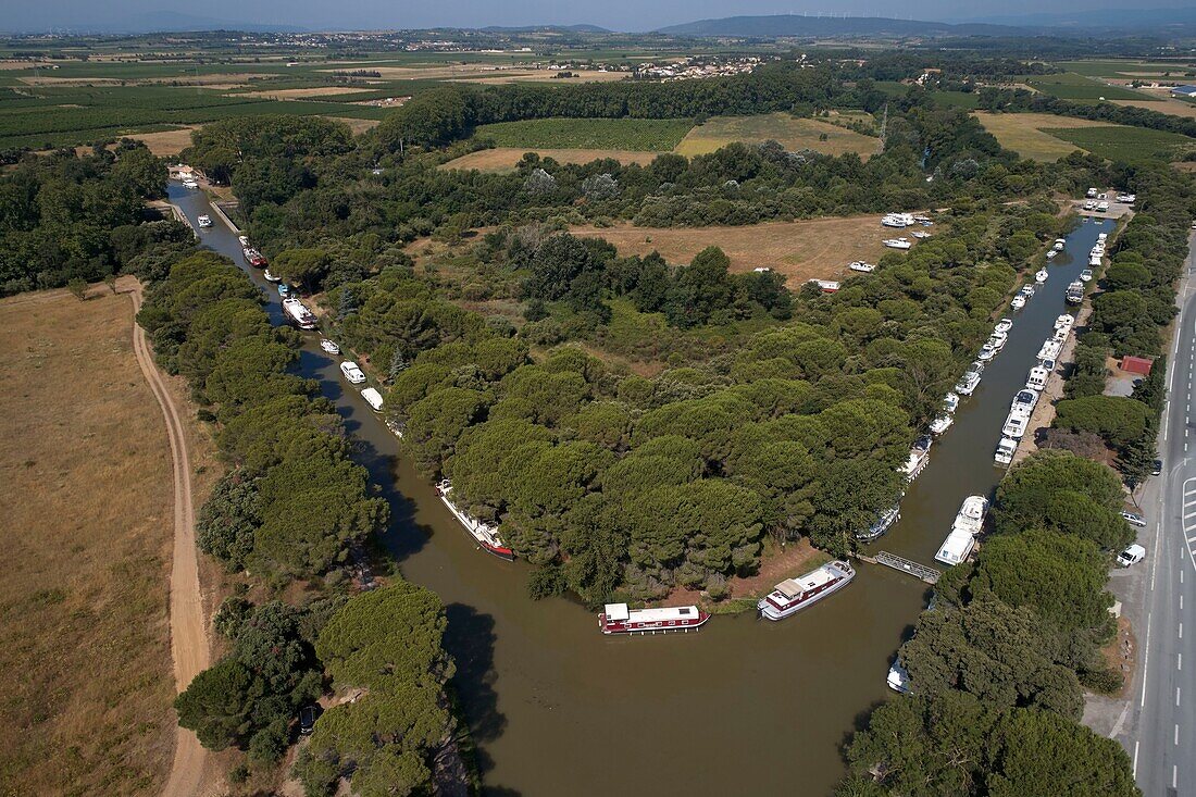France, Aude, Canal du Midi, listed as World Heritage by UNESCO, marina at port de la Robine, areal view