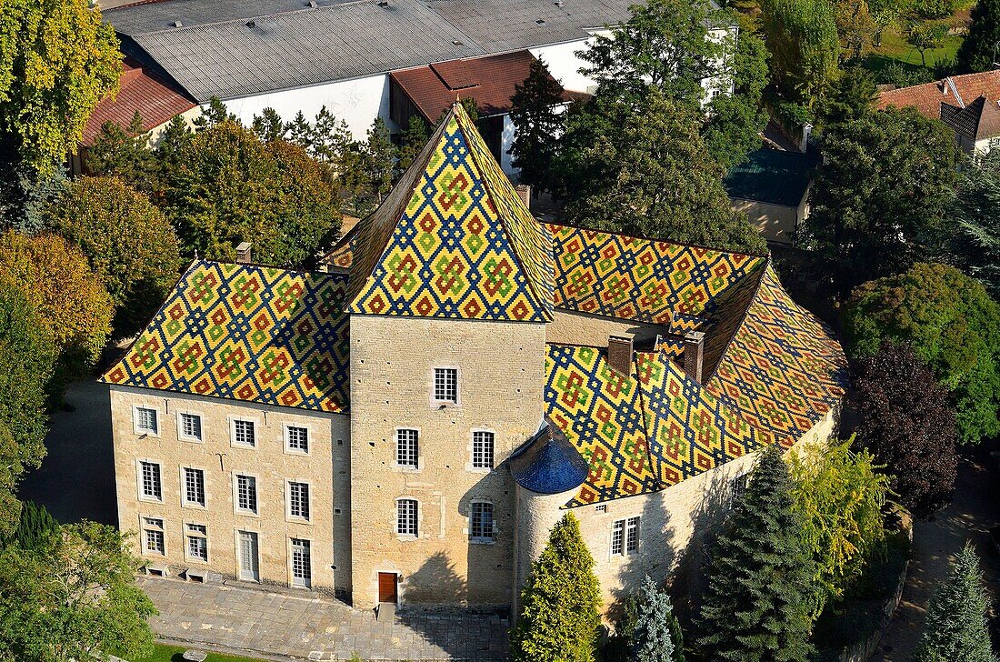 Frankreich, Cote d'Or, Burgundische Klimazonen, die von der UNESCO zum Weltkulturerbe erklärt wurden, Santenay, das Schloss mit seinem farbigen und glasierten Ziegeldach (Luftaufnahme)